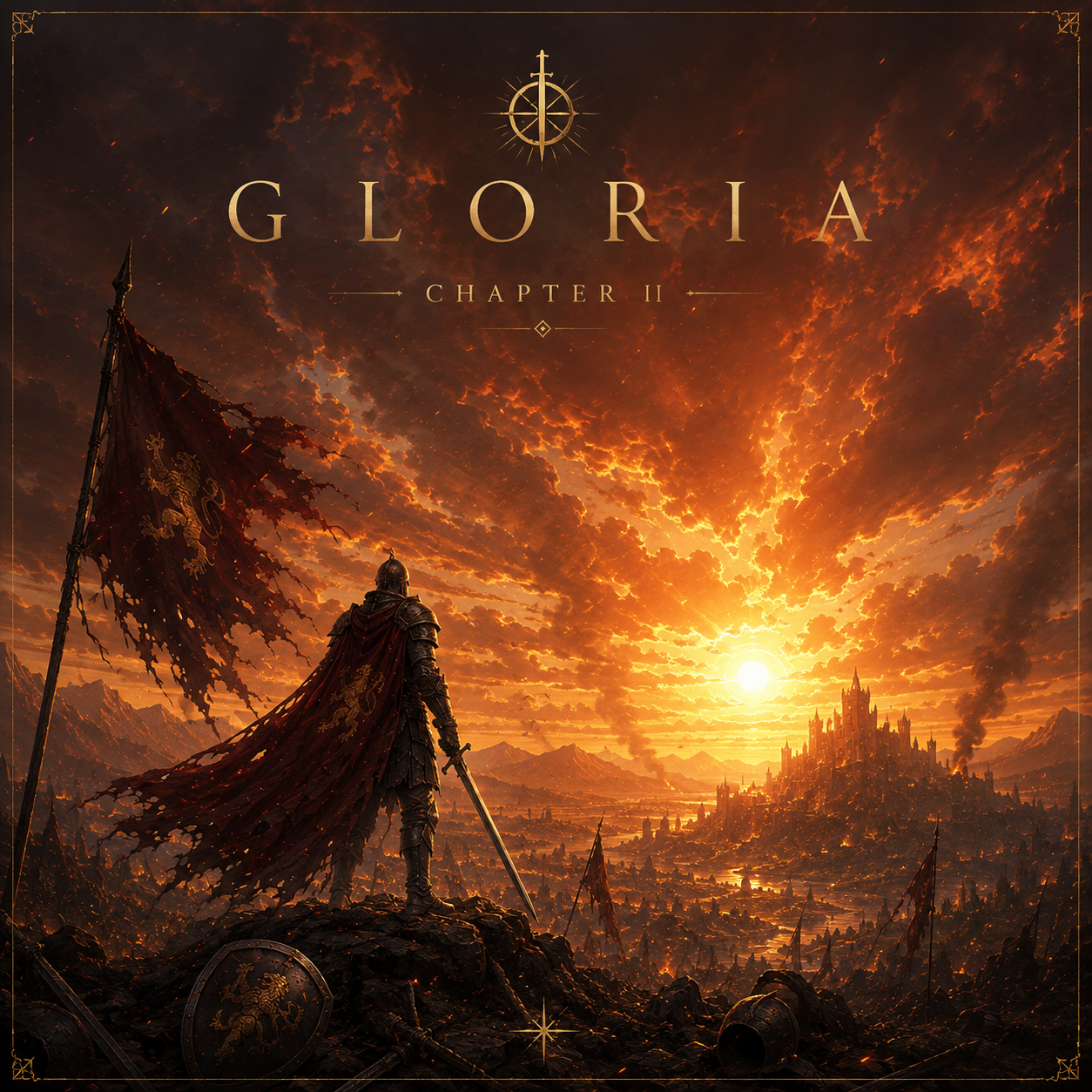 Gloria Chapter II cover art: an armoured knight holding a torn lion banner above a burning valley at sunset