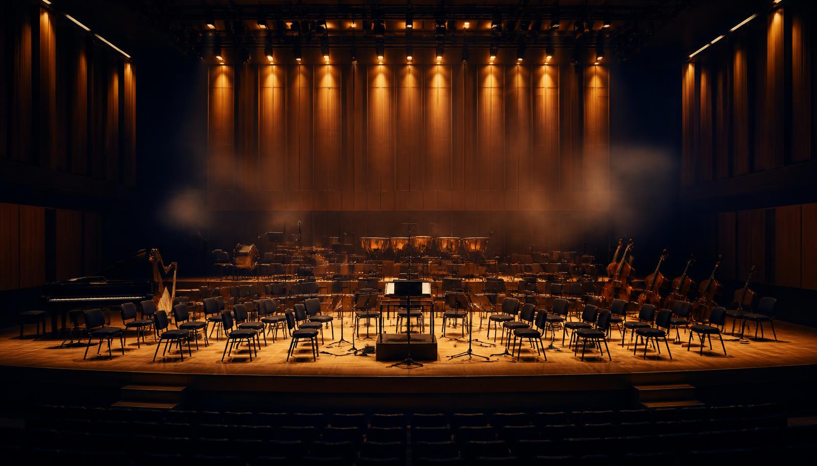 Empty concert hall stage arranged for an orchestral recording session under warm stage lighting